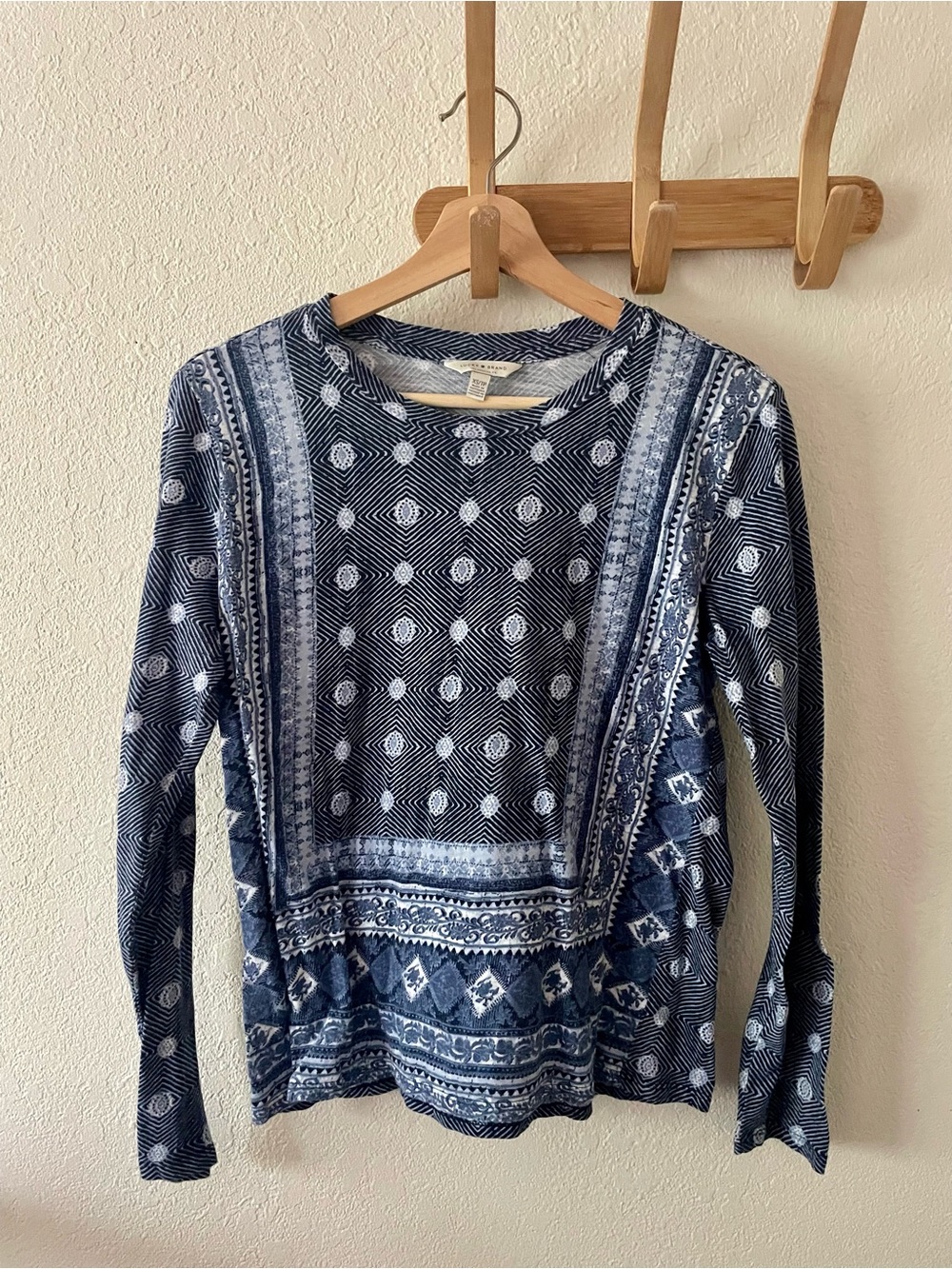 Lucky Brand Womens XS Cotton Blue White Boho Geometric Printed Long Sleeve Shirt